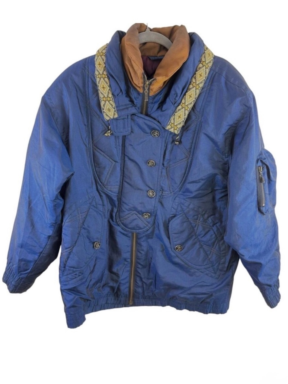 Andy Johns Vintage Shiny Navy Blue Padded‎ Full Zip Winter Jacket Gold Medium